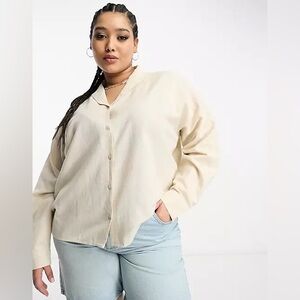 Daisy Street Plus linen relaxed boyfriend shirt in stone